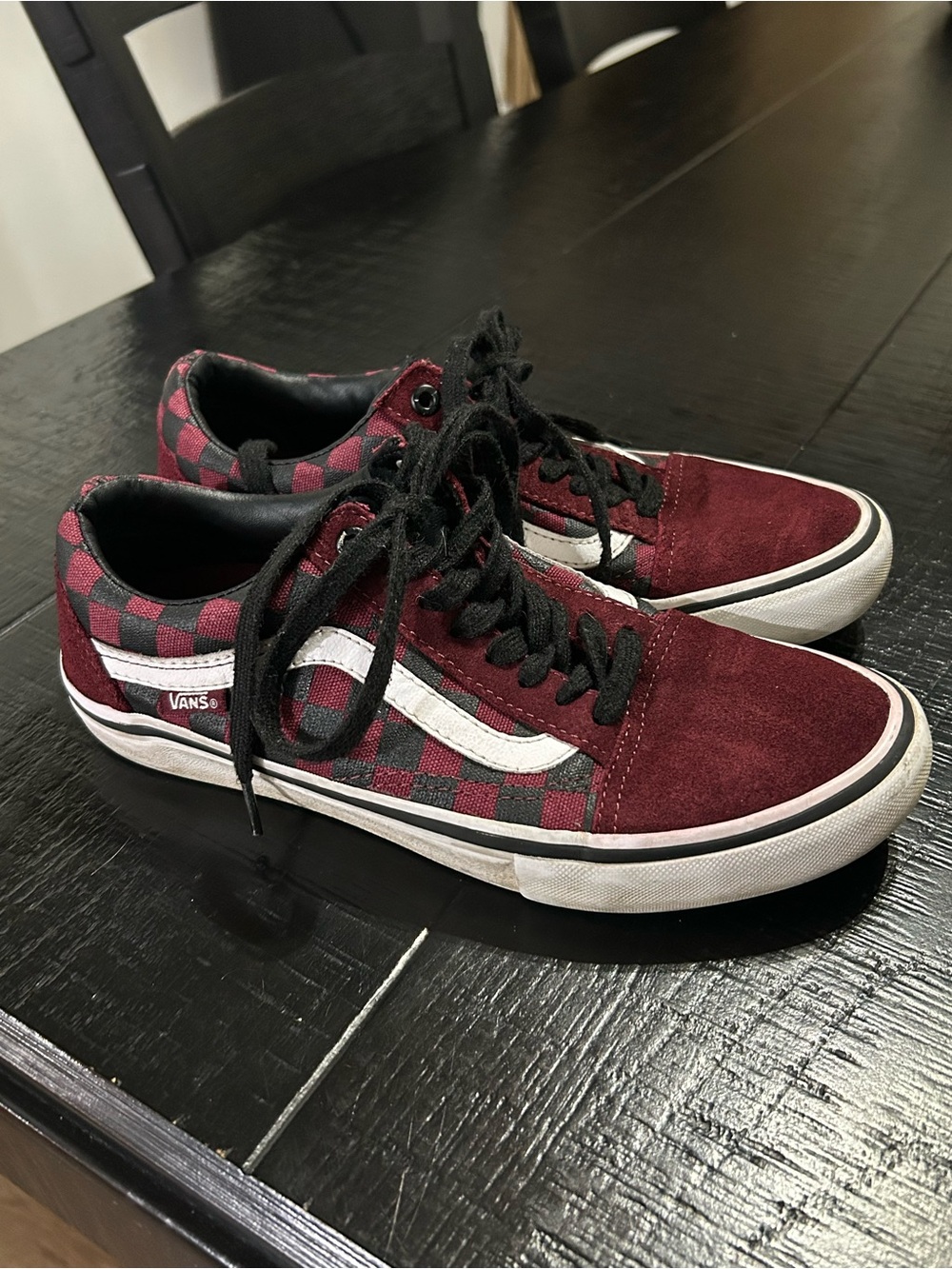 Men’s Vans Old Skool Checkerboard Suede Sneakers - Burgundy and Black